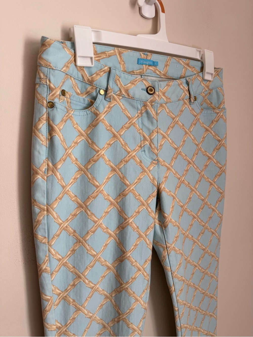 J.McLaughlin Bamboo Print Skinny Jeans Women’s Size 8 Blue Tan Stretch Coastal - Picture 3 of 7